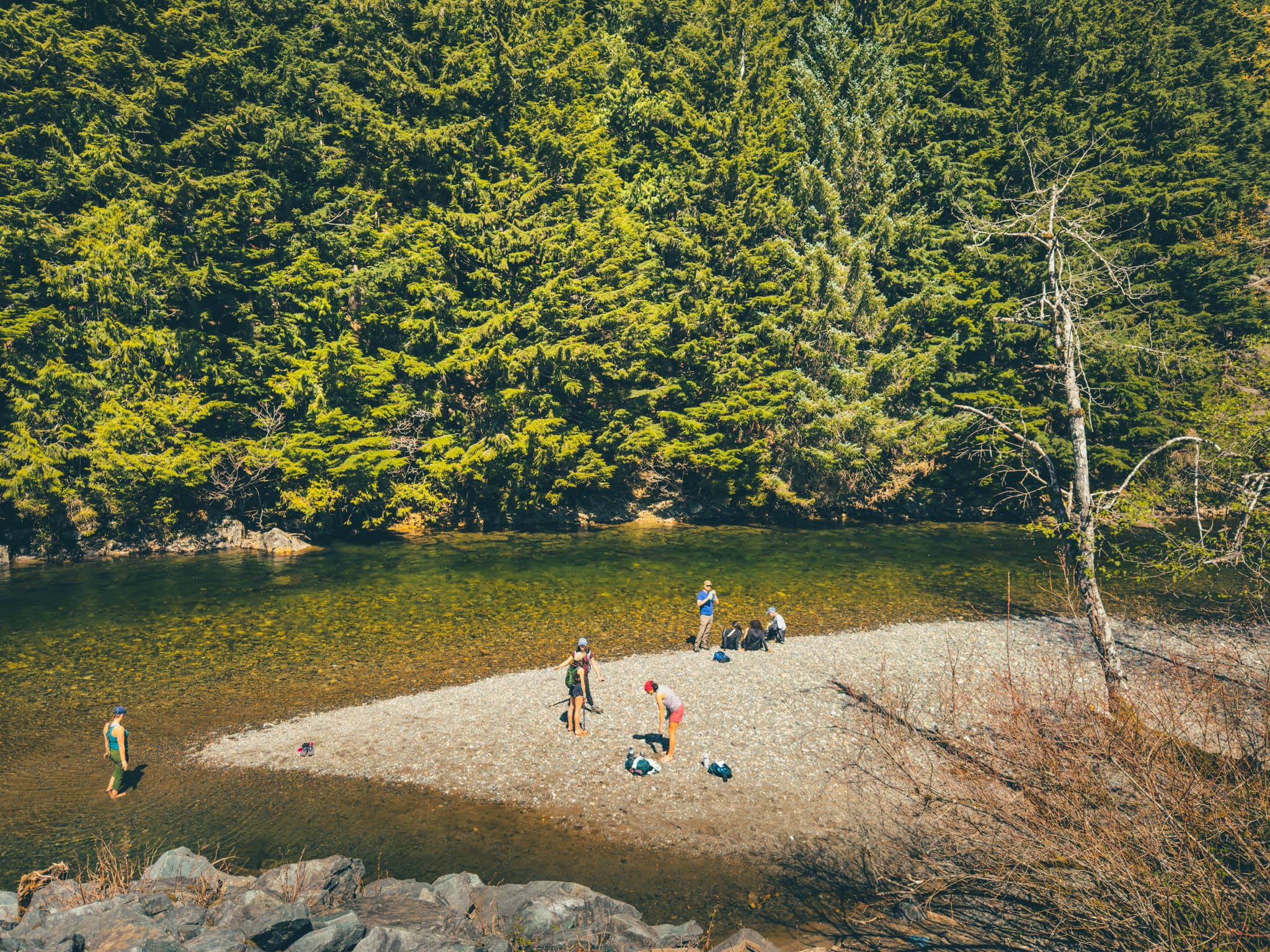 Hikers on a river sandbar below the forested Cascade slopes